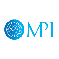 A blue and white logo with a globe in the middle.