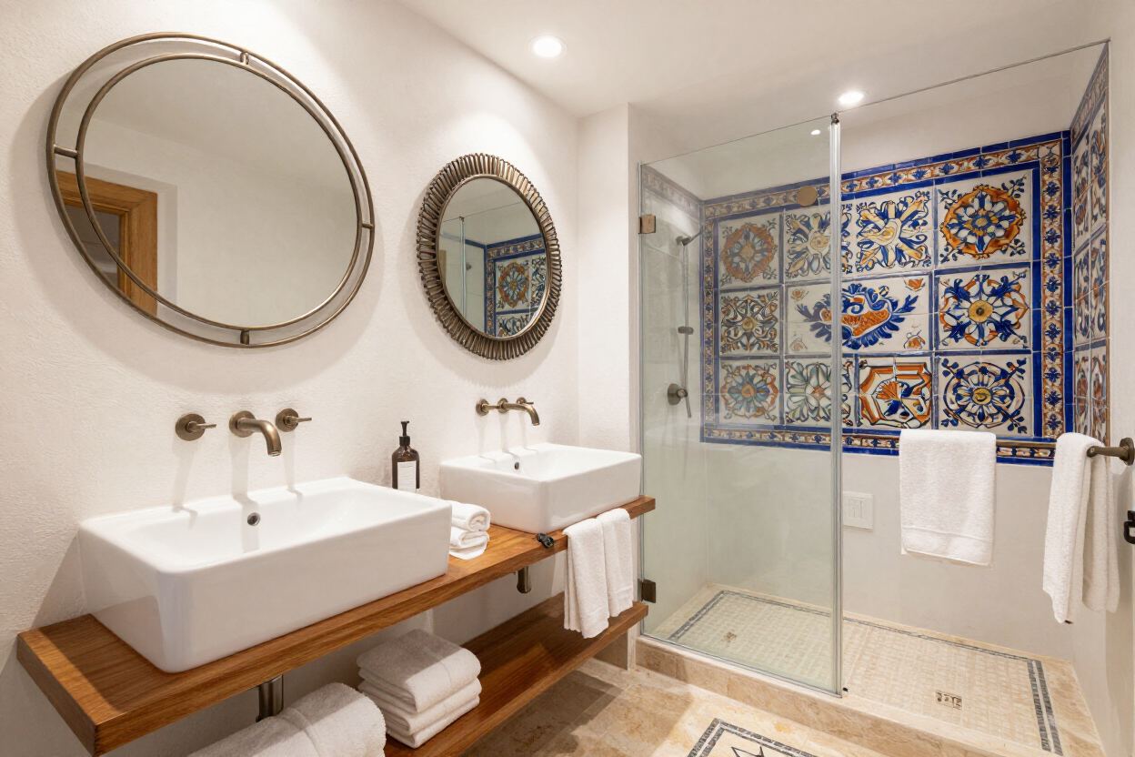 Bright bathroom with twin sinks, round mirrors, glass shower, and colorful tile wall accents.
