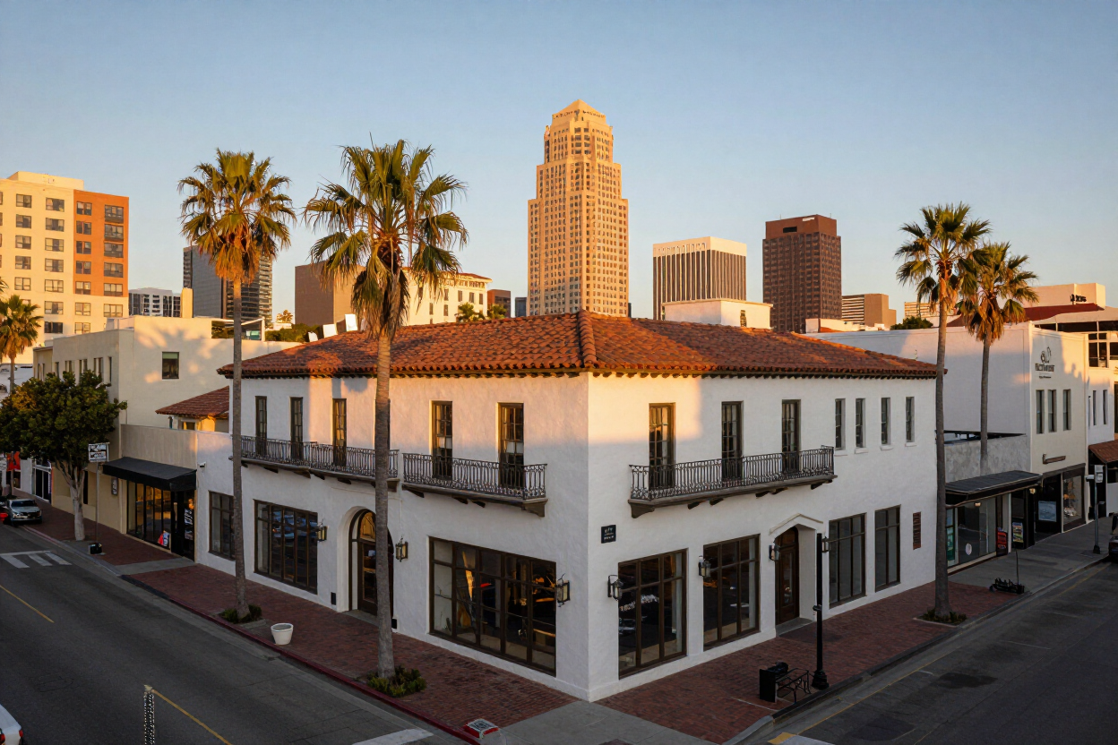 Sunlit white corner building with red tile roof and palm trees, downtown skyline in the background