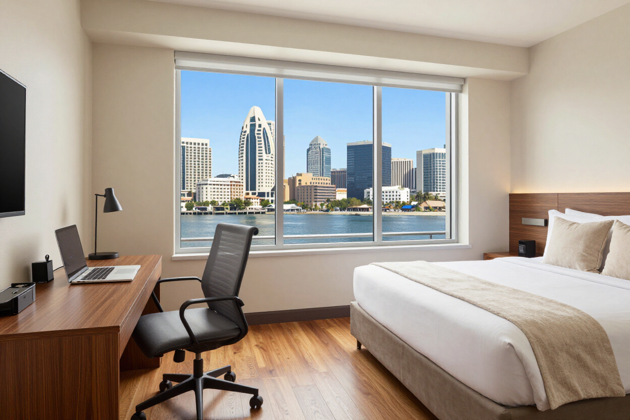 Hotel room with desk, chair, bed, and large window overlooking a city skyline