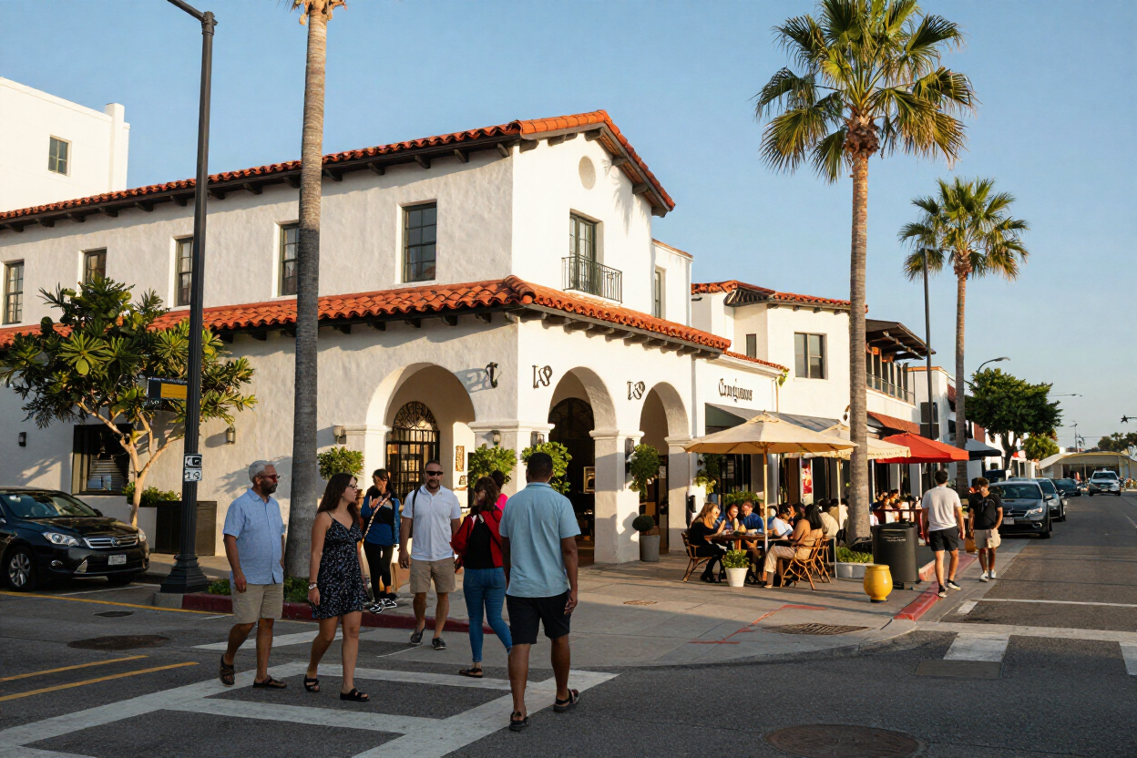 People crossing a street near a white stucco building with red tile roofs and palm trees on a sunny day