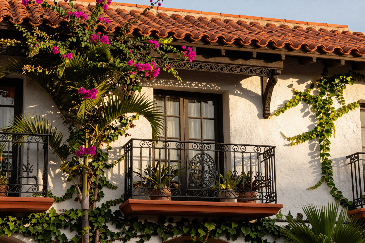 White stucco balcony with iron railings, terracotta roof, and pink bougainvillea in sunlight