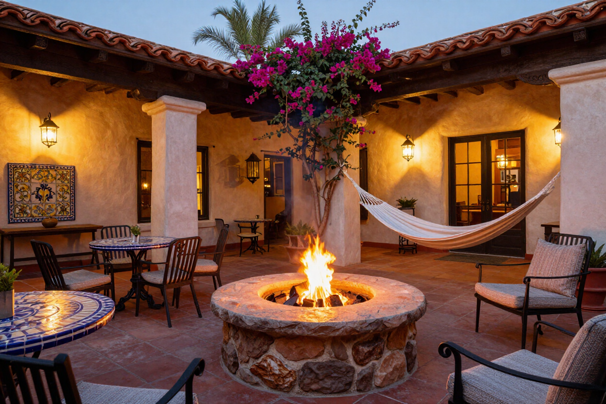 Cozy courtyard patio with a fire pit, hammock, dining table, and warm evening lighting