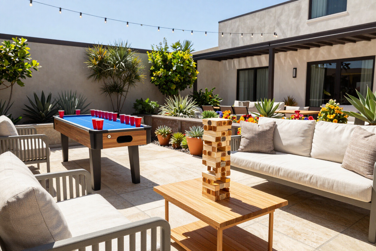 Sunlit patio with sofa, chairs, coffee tables, ping-pong table, and potted plants in a modern courtyard