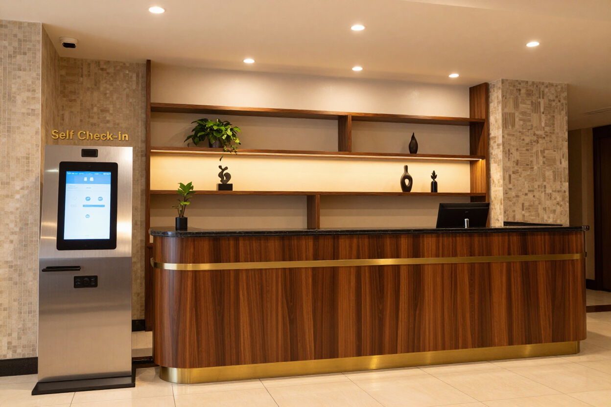 Modern hotel reception desk with wood paneling, wall shelves, and a self-service kiosk on the left
