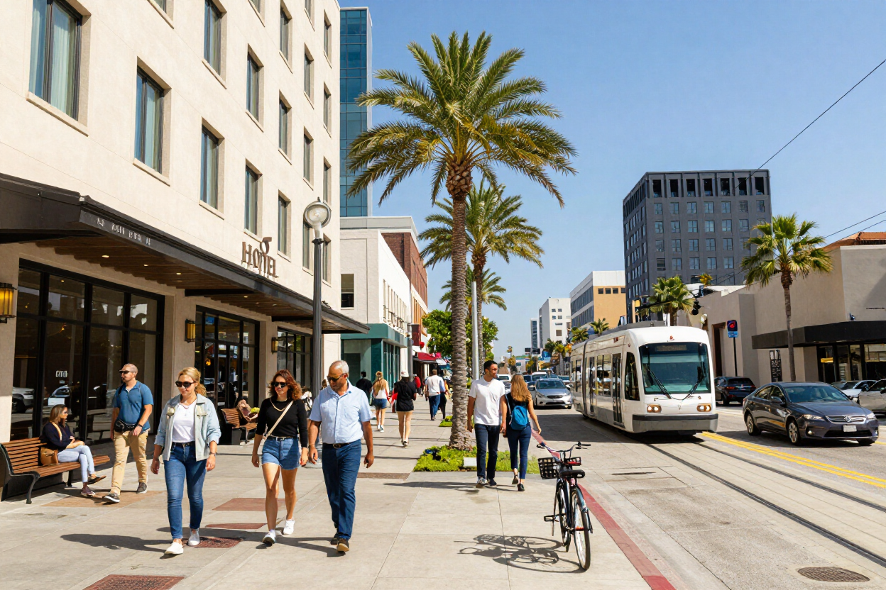 Sunny city street with pedestrians, palm trees, shops, and a tram passing by