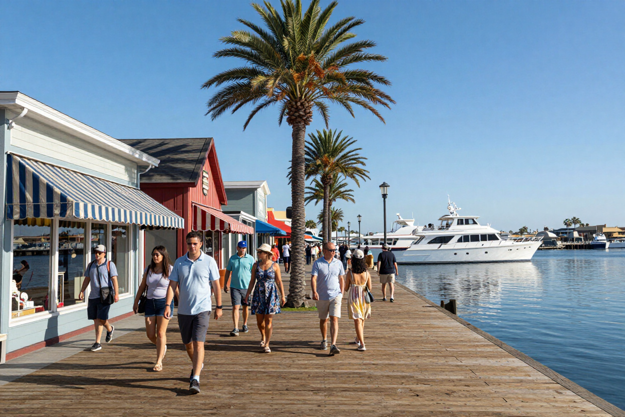 People walking along a sunny waterfront boardwalk beside shops, palm trees, and yachts.