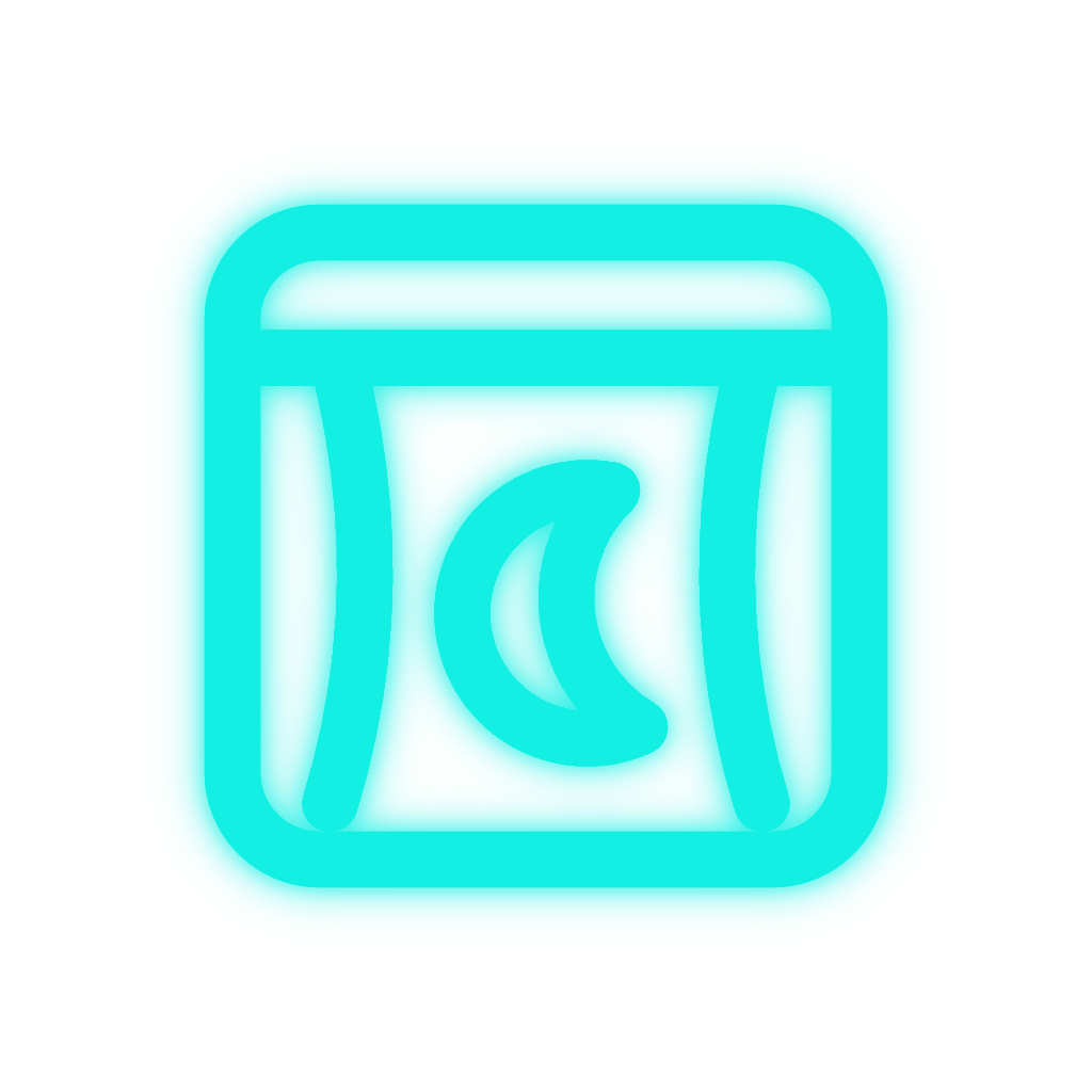Glowing cyan square icon with a moon in the center