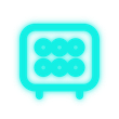 Turquoise glowing icon of a rounded square with six dots inside, resembling a device or control panel