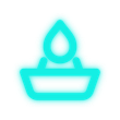 Cyan glowing droplet above a bowl icon, resembling a spa candle or water symbol
