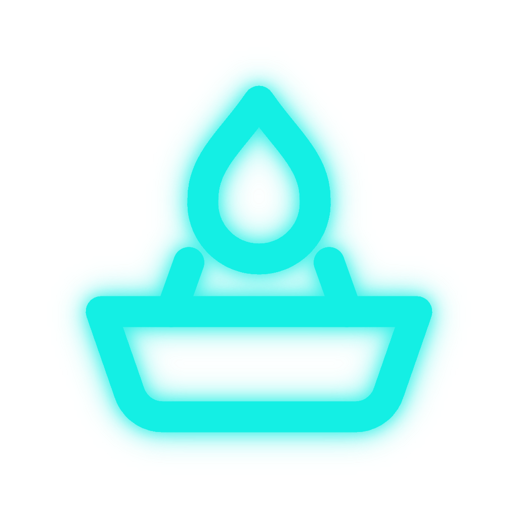 Cyan glowing droplet above a bowl icon, resembling a spa candle or water symbol