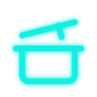 Cyan steaming bowl icon with a lid tilted open, suggesting hot food or soup