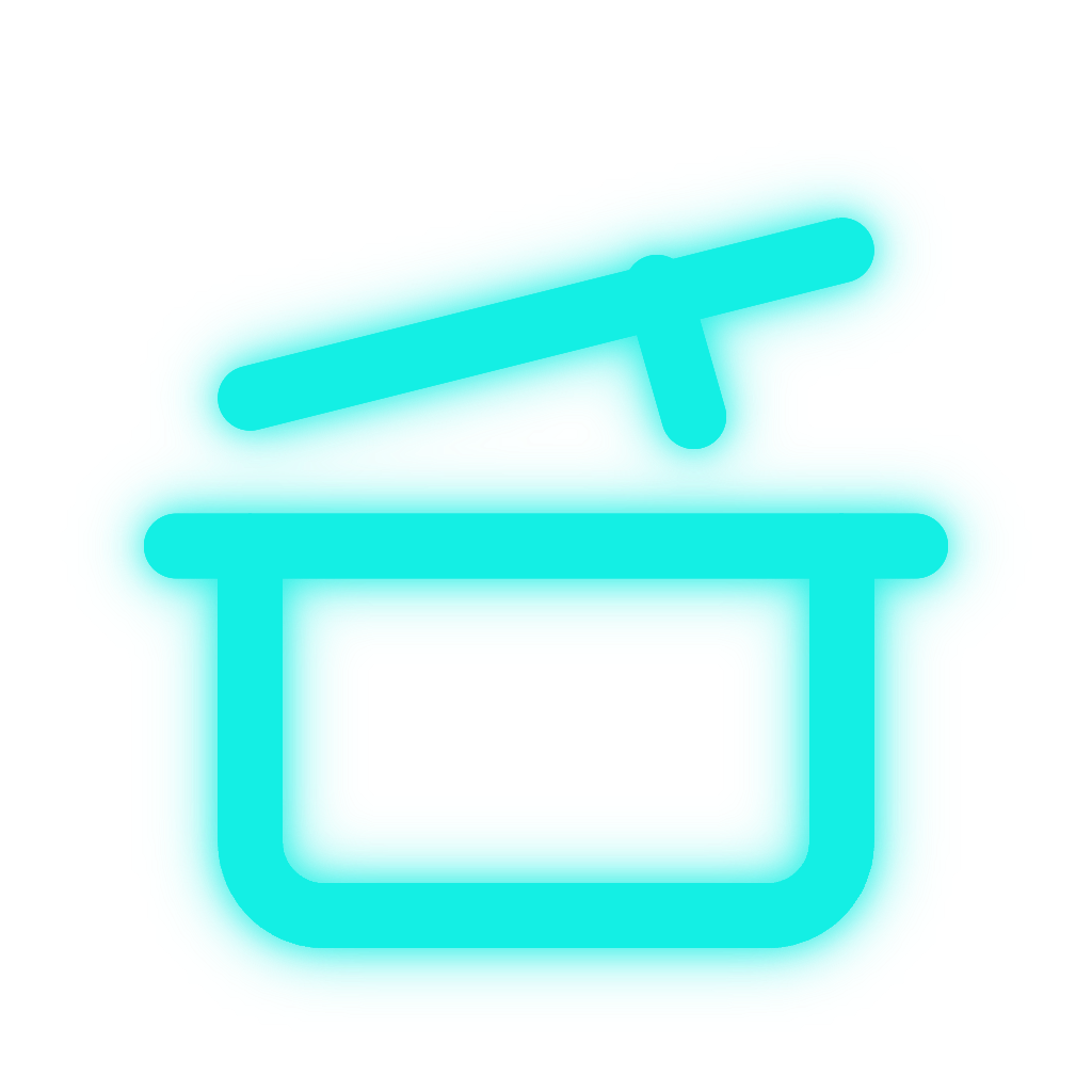 Cyan steaming bowl icon with a lid tilted open, suggesting hot food or soup