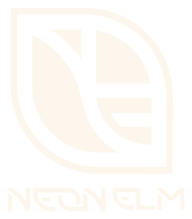 Pale beige Neon Elm logo with a stylized leaf emblem and text underneath