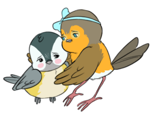 Cute cartoon bird hugging a smaller gray-and-white bird, both with round eyes and pastel colors.