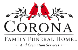 Corona Family Funeral Home and Cremation Services logo with two red cardinals on branches