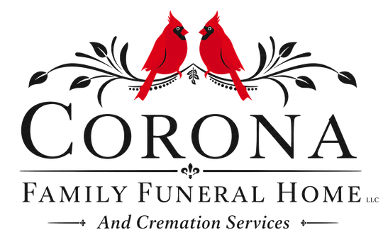 Corona Family Funeral Home and Cremation Services logo with two red birds on black swirls