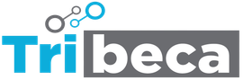 Logotipo de Tribeca en azul y gris con iconos circulares conectados encima del texto.