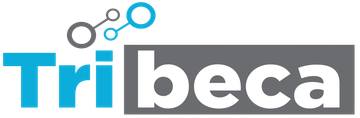 Logotipo de Tribeca en azul y gris con iconos circulares conectados encima del texto.