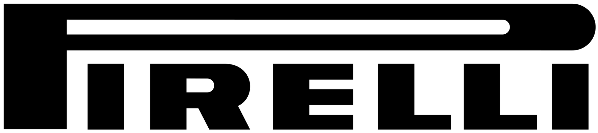 Logotipo da Pirelli em preto e branco com letras estilizadas e barras horizontais acima do texto.