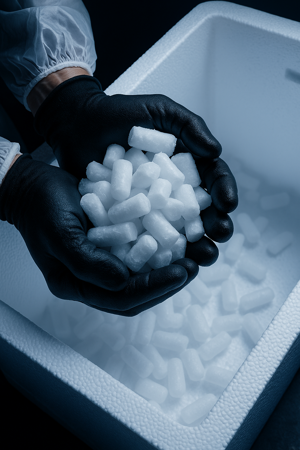 Mãos enluvadas segurando flocos de isopor brancos sobre uma caixa térmica de espuma.