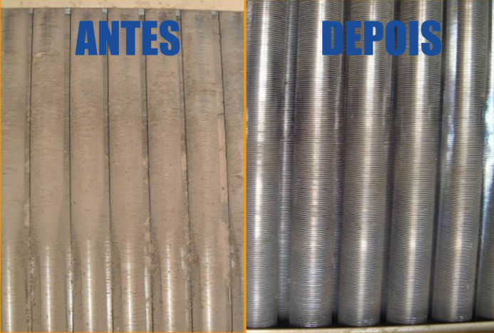 Antes e depois de tubos flexíveis: sujos e desgastados à esquerda, limpos e brilhantes à direita.