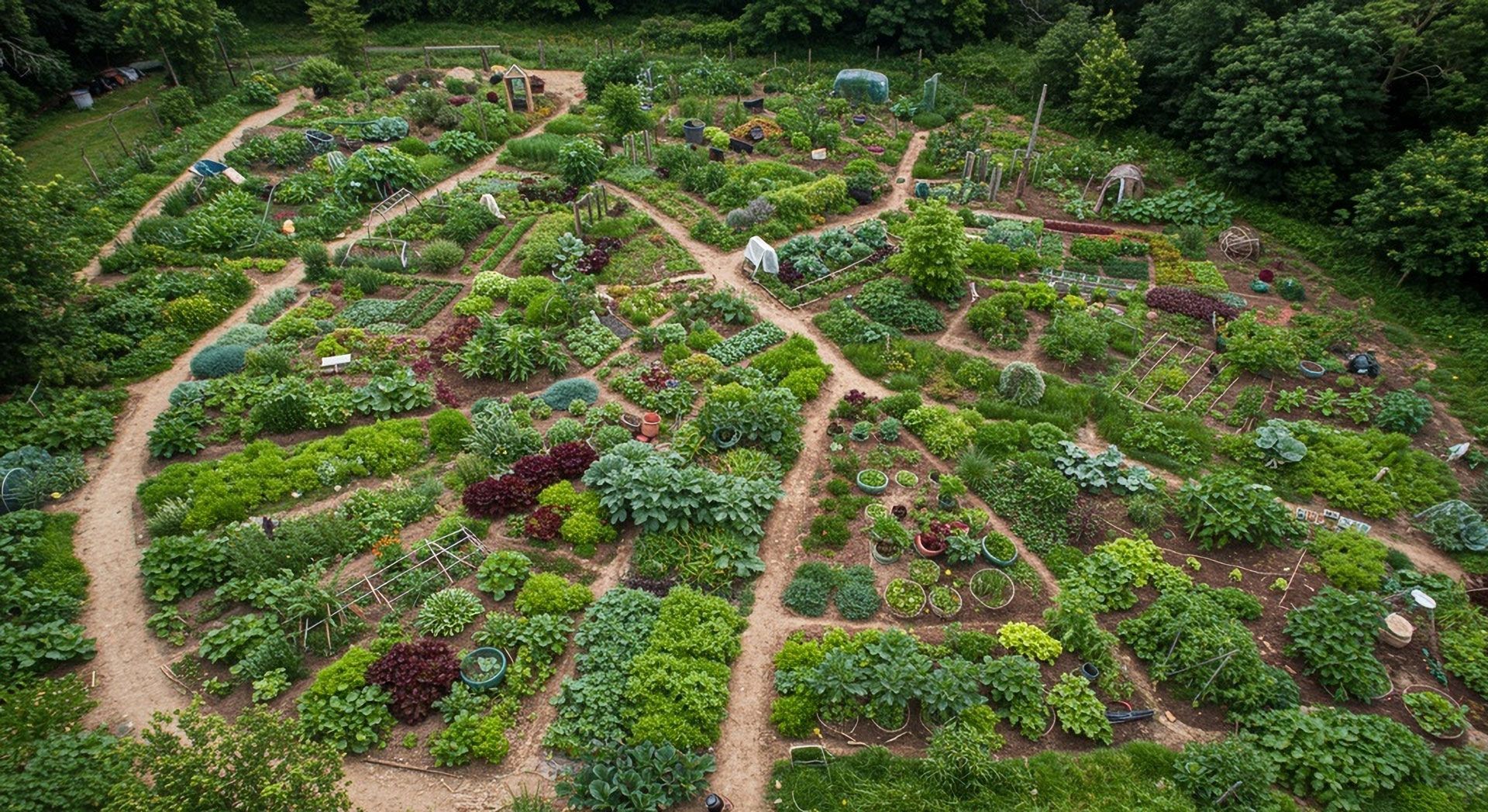 A lush hillside garden with winding paths, colorful flower beds, and dense green trees