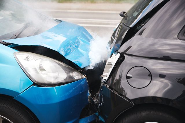 Blue and black cars with severe front-end collision on a wet road