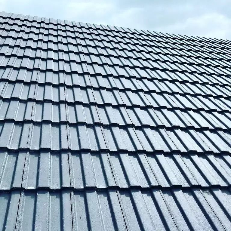 A close up of a tiled roof with a blue sky in the background.