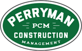 Green oval Perryman PCM Construction Management logo with white text