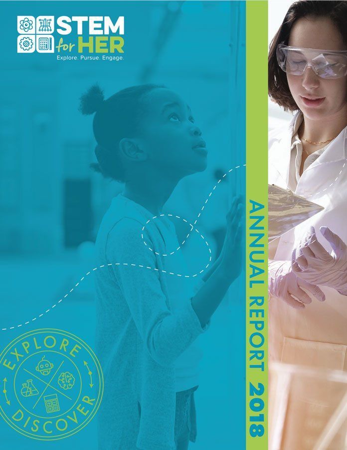 STEM for HER annual report 2018 cover with teal design and two women