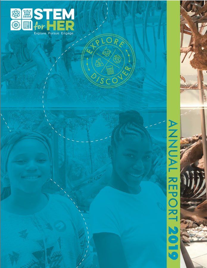 STEM for HER annual report 2019 cover with blue-tinted photos and vertical green title text