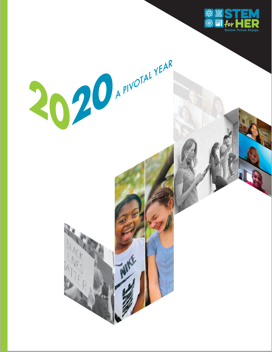 2020 STEM Her report cover with photo collage and green-blue title on a white background