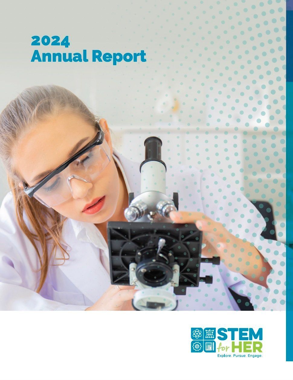 Scientist in lab coat and goggles using a microscope, with “2024 Annual Report” and STEM logo.