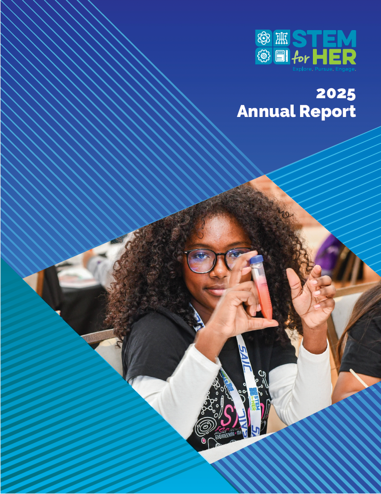 STEM for HER 2025 annual report cover featuring a student in a blue diamond frame