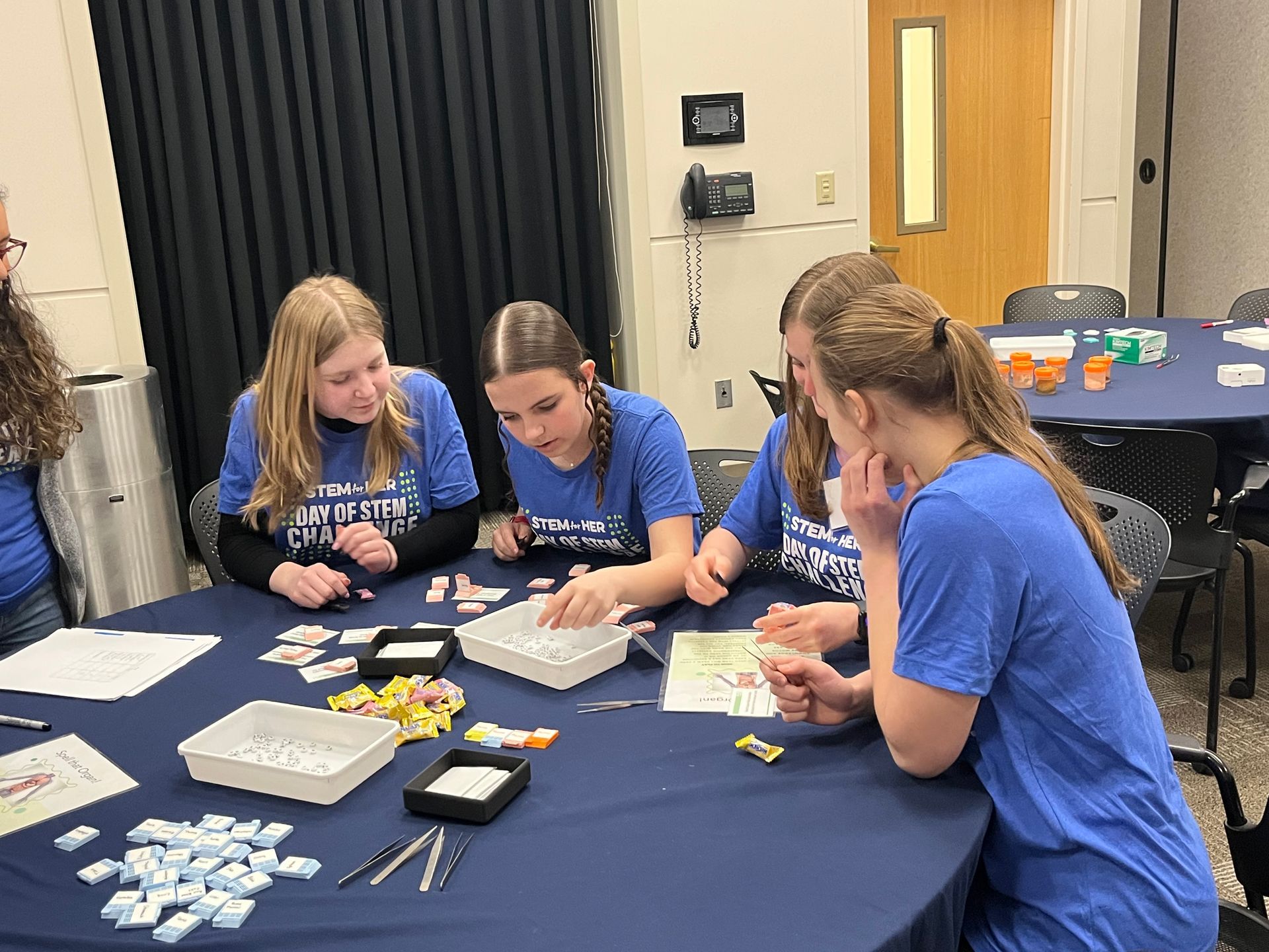 People seated at a table sorting small pieces in a classroom activity.
