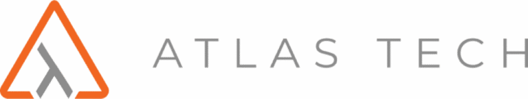 Atlas Tech logo with gray text and an orange geometric icon on a white background