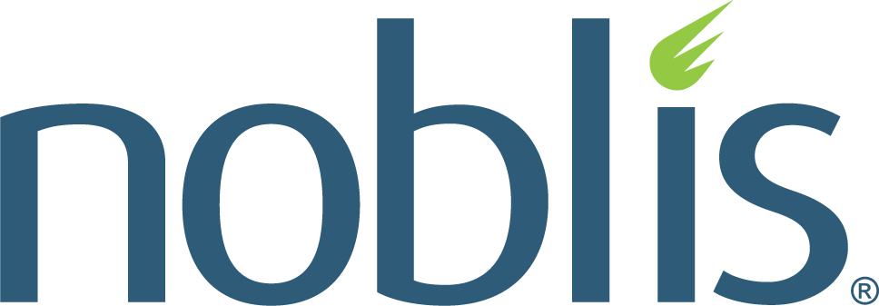 Noblis logo in blue lowercase letters with a green leaf accent over the i