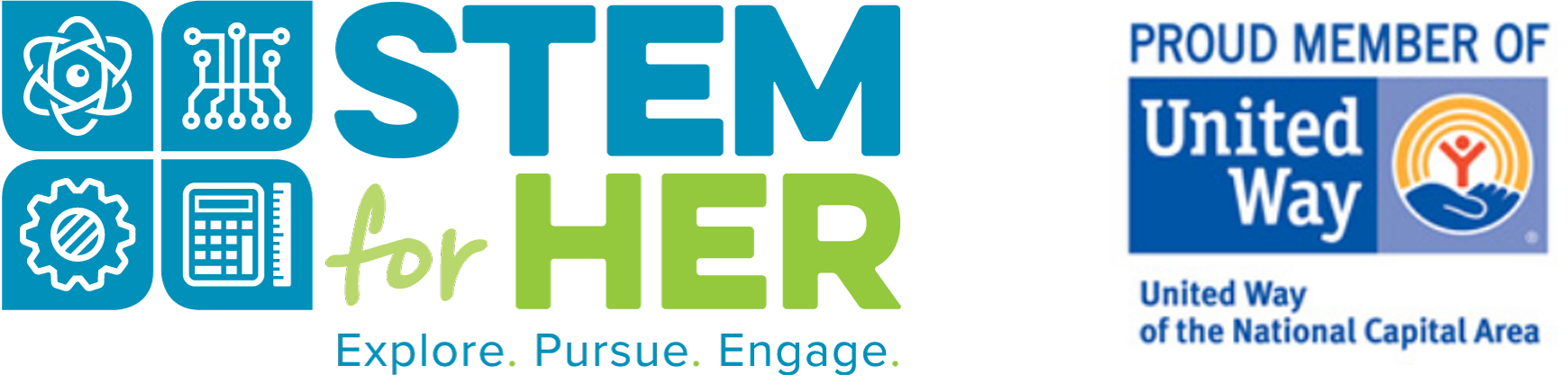 STEM for HER logo with blue icons and text, plus “Proud member of United Way” logo on white background