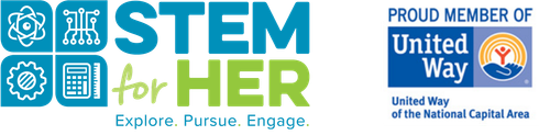 STEM for HER logo with blue icons and text, plus “Proud member of United Way” logo on white background