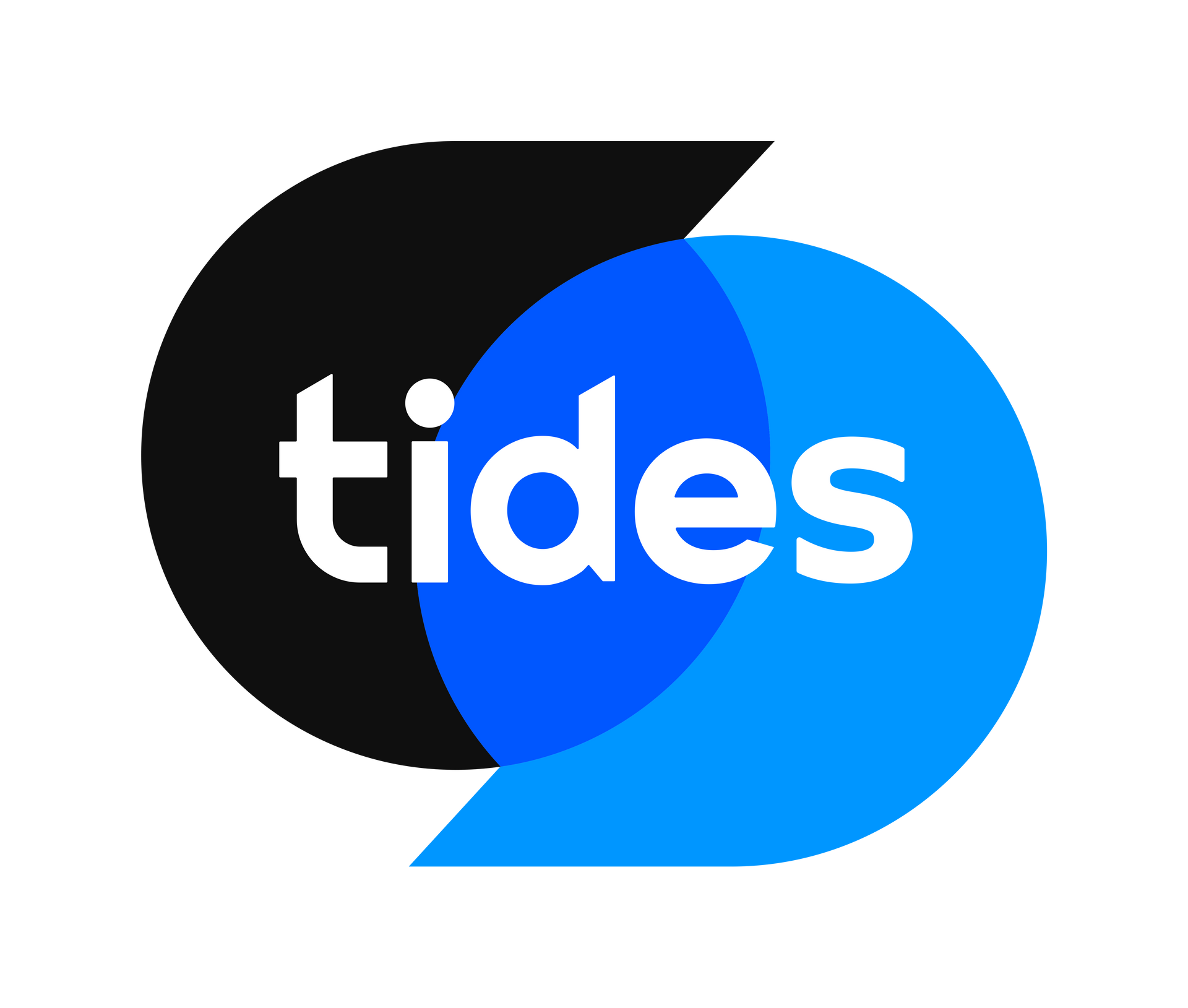 Tides logo with overlapping black and blue shapes and white “tides” text