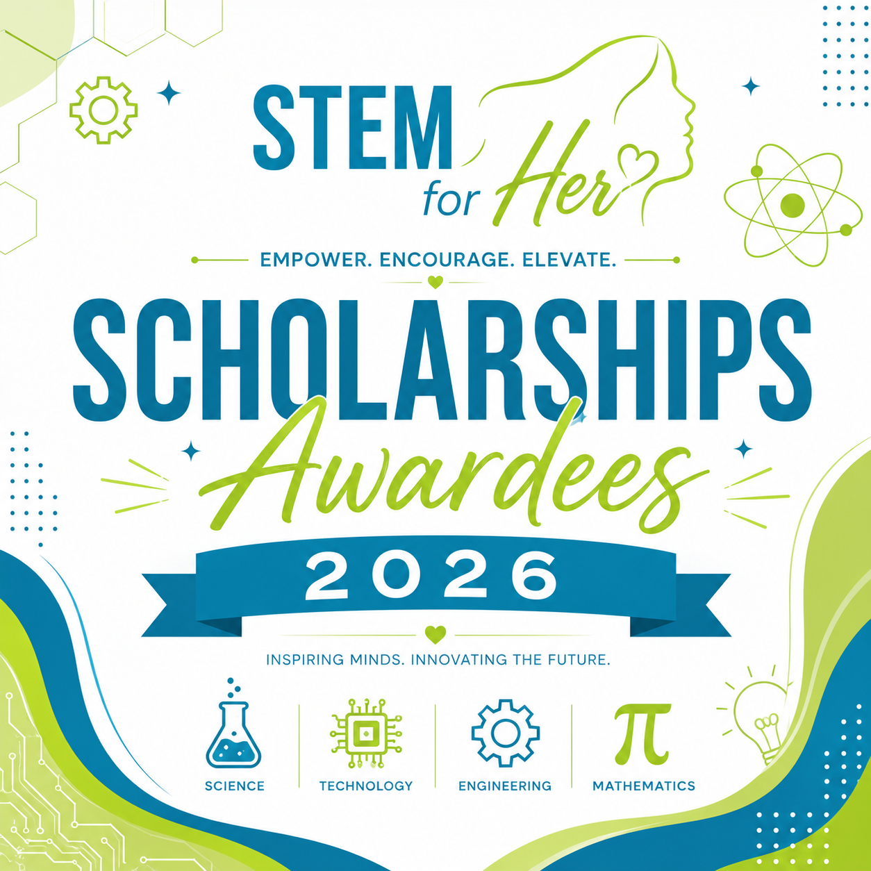 STEM for Her Scholarships Awardees 2026 poster in teal, green, and white with science icons
