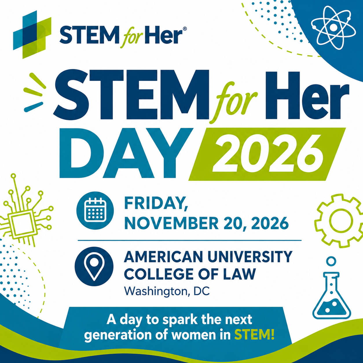 STEM for Her Day 2026 event poster with date, venue, and blue-green science-themed graphics