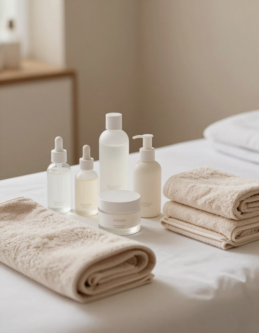 Artículos de aseo de spa y toallas beige dobladas dispuestas sobre una cama blanca en una habitación con iluminación tenue.