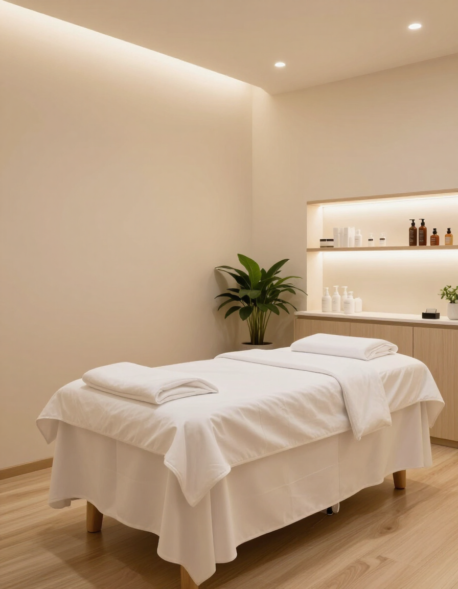Sala de tratamientos de spa minimalista con camilla de masaje, sábanas blancas e iluminación tenue empotrada.