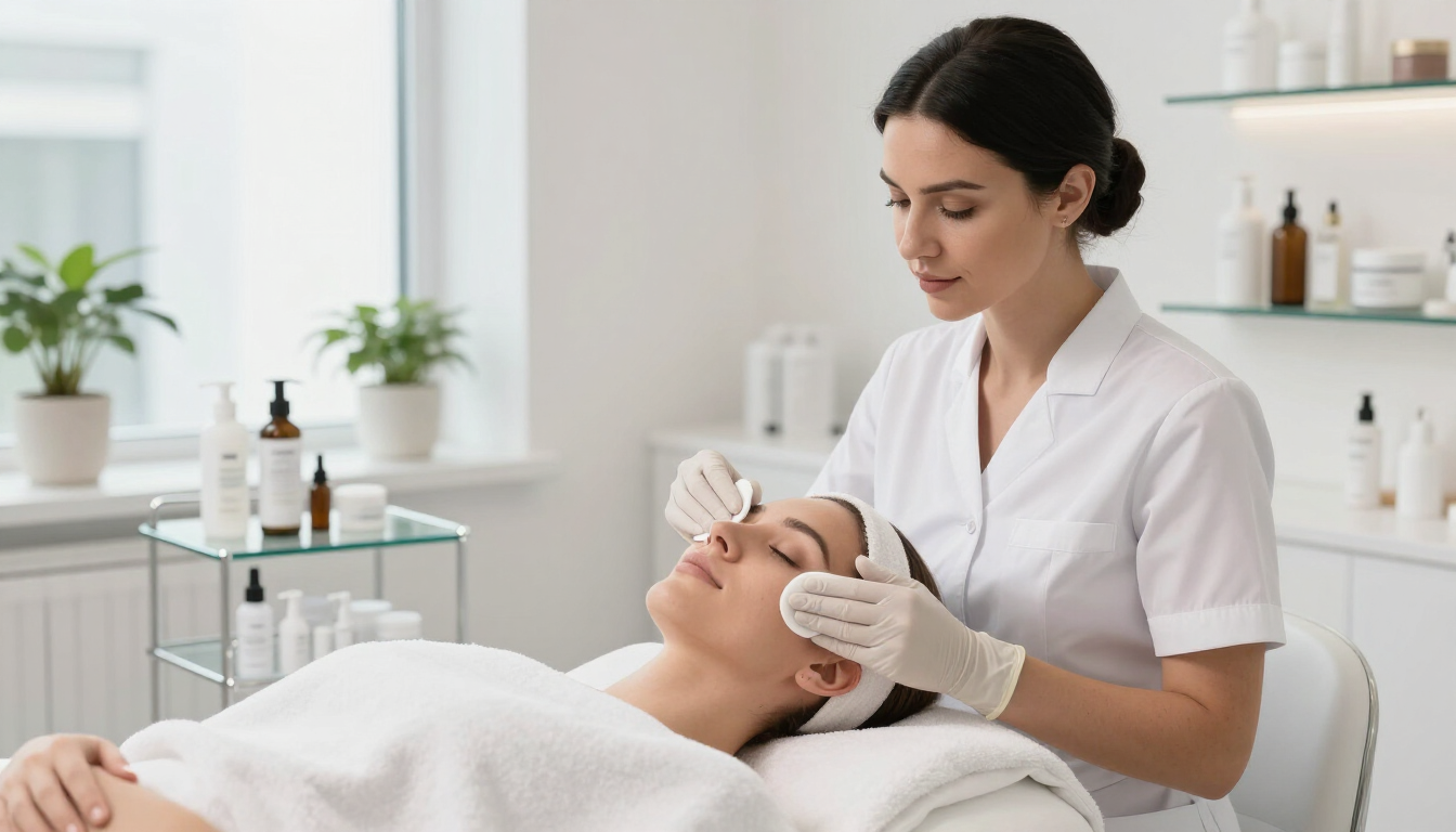 Esteticista aplicando un tratamiento facial a una clienta en una luminosa sala de spa.