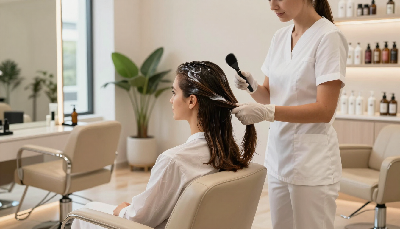 Estilista utilizando una rizadora en el cabello de una clienta en un salón luminoso.