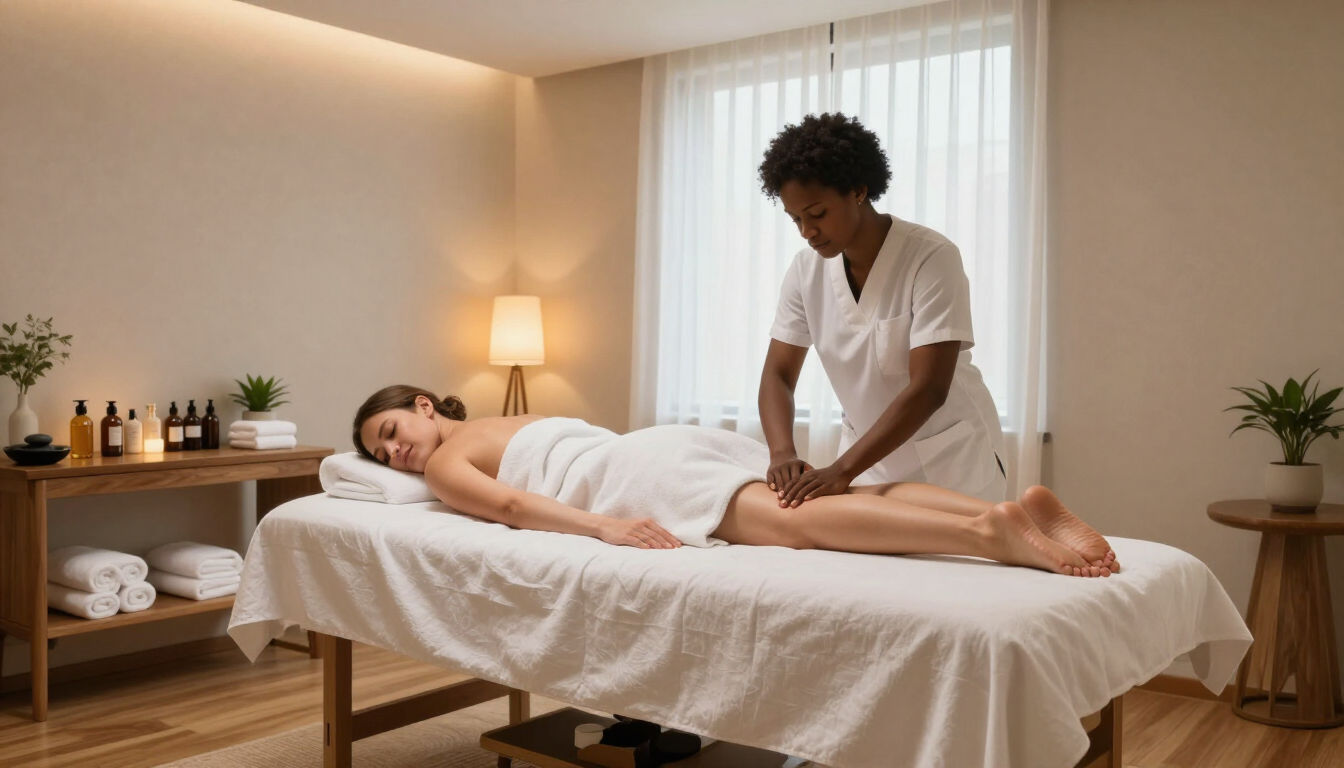 Masajista dando un masaje de espalda a un cliente en una camilla en una tranquila sala de spa.