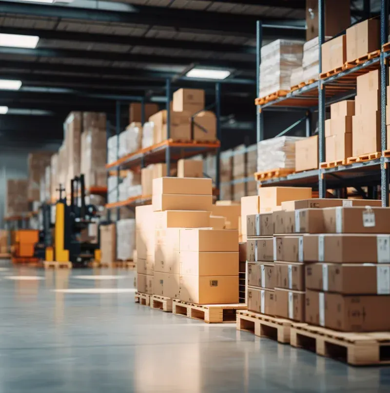Warehouse aisle with stacked cardboard boxes on pallets and metal shelving