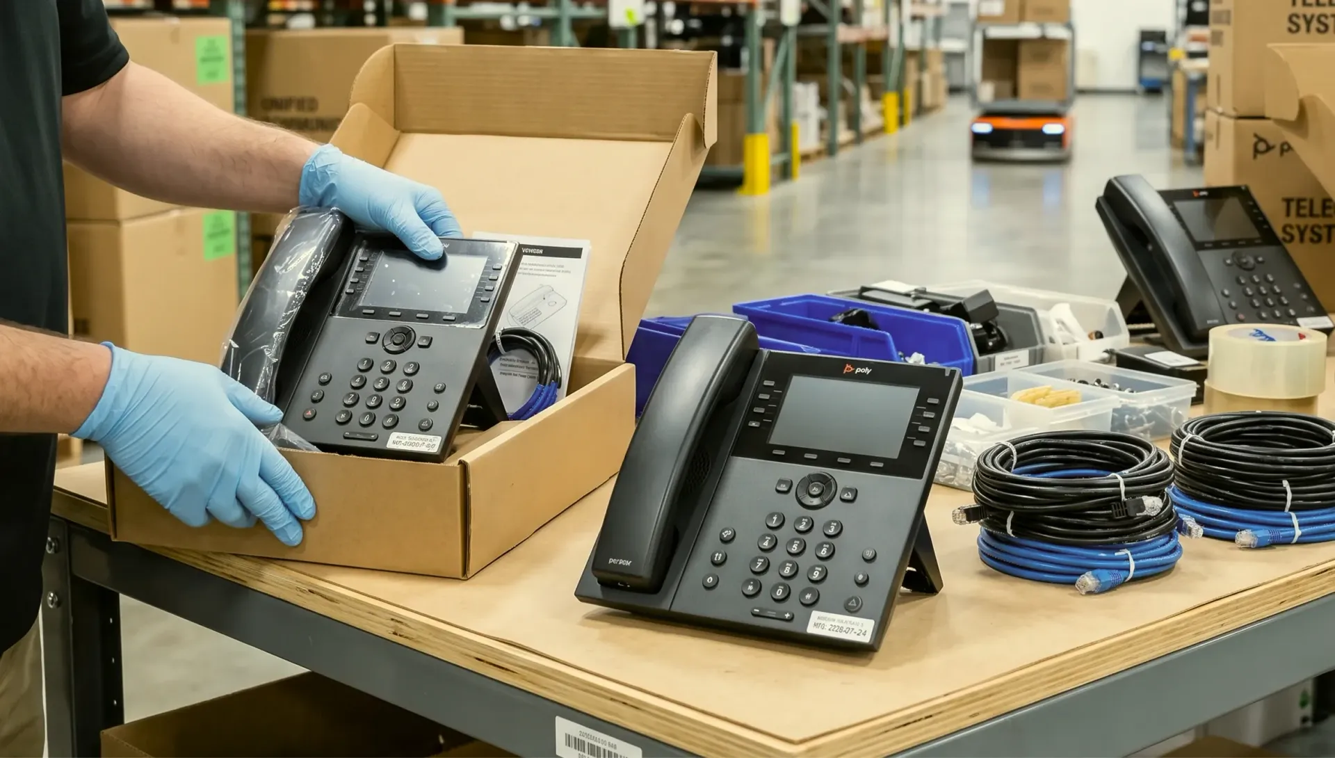 Technician packing office phones into a cardboard box beside stacked telephones on a workbench